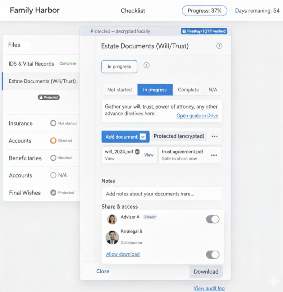 Checklist with statuses | Add documents